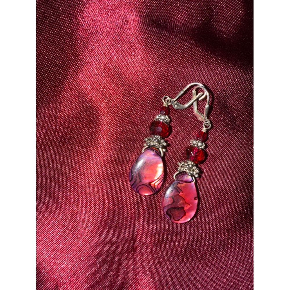 Boho Red Abalone Shell Teardrop Leverback Earrings Pink Purple Iridescent Beads